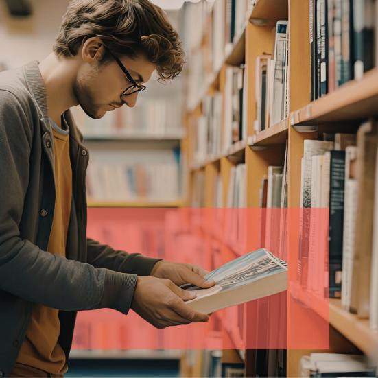 Ung mand ved bogreol undersøger en bog med blikket ned på forsiden.