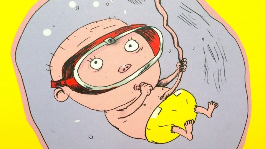Tegning af baby i mave fra bogen "Mor har en baby i maven" skrevet af Lars Daneskov, illustreret af Claus Bigum, udgivet af Politikens Forlag.