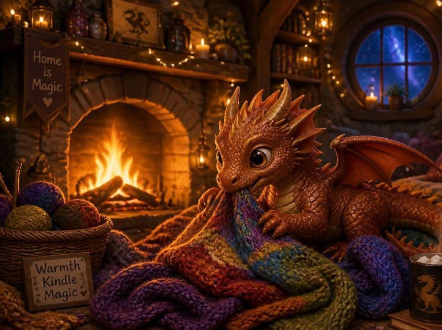 AI-genereret illustration af en nuttet drage med et uldtæppe foran en pejs